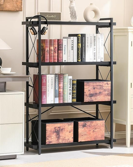 HCHQHS Bookshelf, 4-Tier Industrial Bookcase, Black Open Book Shelf, Freestanding Tall Bookshelves with Metal Frame - LeafyLoom