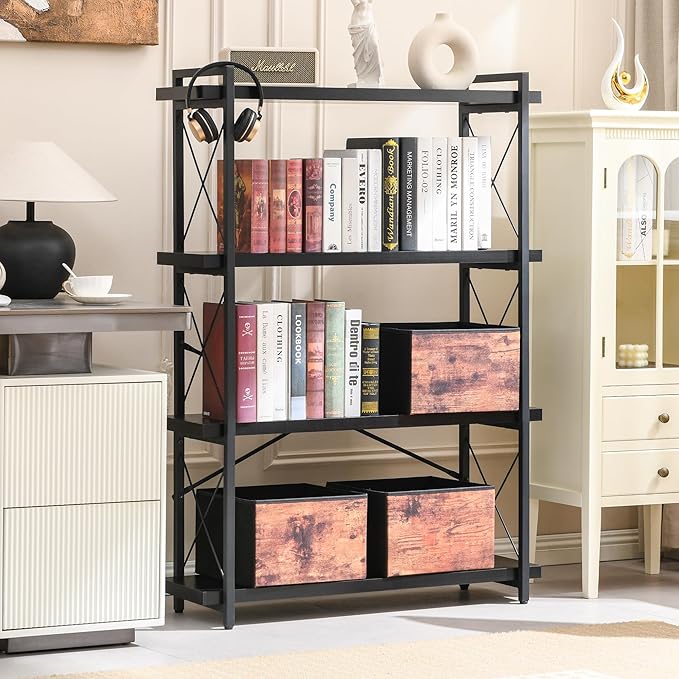 HCHQHS Bookshelf, 4-Tier Industrial Bookcase, Black Open Book Shelf, Freestanding Tall Bookshelves with Metal Frame - LeafyLoom