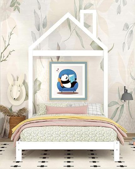 Twin Bed Frame/Kids Bed Frames with Headboard and Slats, Wood Platform Bed with House Shaped Headboard, Twin Size Bed for Kids, Boys, Girls, No Box Spring Needed(White) - LeafyLoom