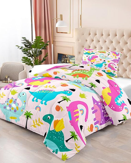 Dinosaur Twin Bedding Set, Cartoon Dinosaur Comforter Set Twin Girl Bedding Set for Girls Room Soft Breathable Dino Quilt Kids Bedding Set for All Season, 1 Comforter 1 Pillowcase - LeafyLoom