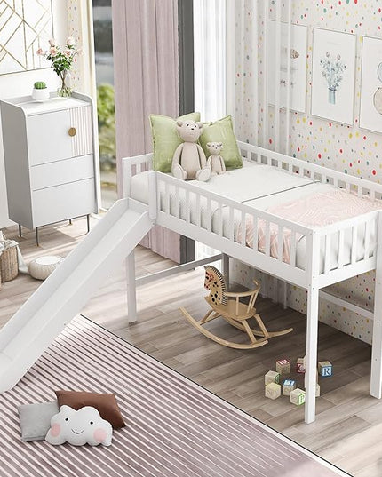 Merax Twin Size Junior Wood Loft Bed with Slide Loft Bunk Bed for Girls Boys,No Box Spring Needed,White - LeafyLoom