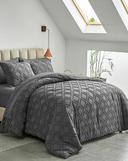 7 Pieces Tufted Bed in a Bag Queen Comforter Set with Sheets Dark Grey, Soft and Embroidery Shabby Chic Boho Bohemian, Solid Color with Diamond Pattern, Jacquard Tufts Bedding Set for All Season - LeafyLoom