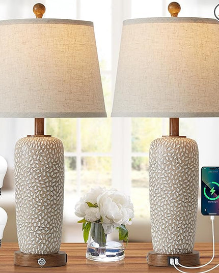Touch Lamps for Bedrooms Set of 2, 26'' Farmhouse Table Lamps for Living Room Boho Bedside Lamp with Dual USB Charging Ports, 3-Way Dimmable Coastal Nightstand Lamp with White Fabric (Bulb Included) - LeafyLoom