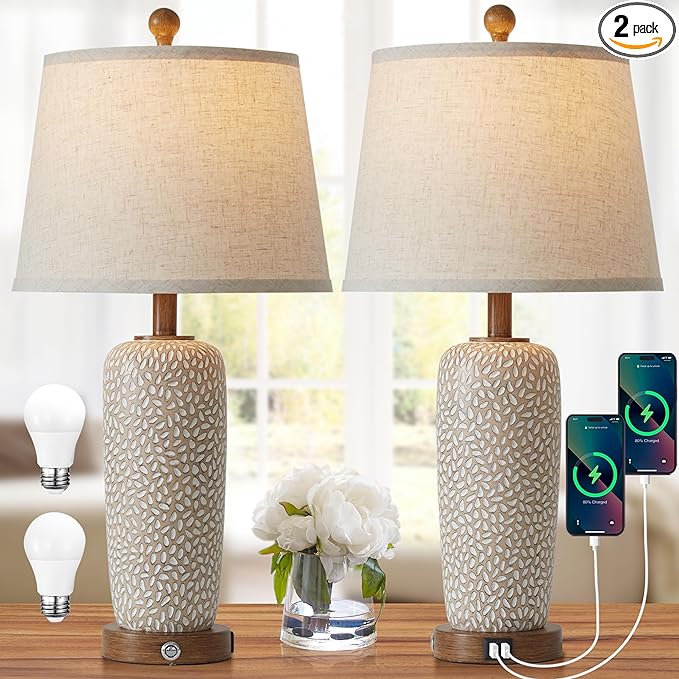 Touch Lamps for Bedrooms Set of 2, 26'' Farmhouse Table Lamps for Living Room Boho Bedside Lamp with Dual USB Charging Ports, 3-Way Dimmable Coastal Nightstand Lamp with White Fabric (Bulb Included) - LeafyLoom