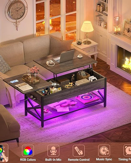 Coffee Table, Lift Top Coffee Table with Storage, LED Light & Power Outlet and Hidden Compartment, Retro Center Table for Living Room, X Support Wood Tabletop, Metal Frame, Black Oak - LeafyLoom
