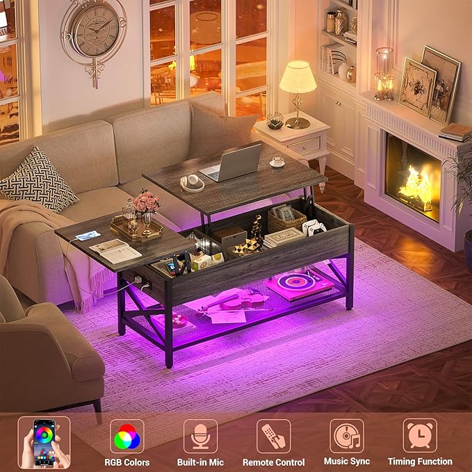 Coffee Table, Lift Top Coffee Table with Storage, LED Light & Power Outlet and Hidden Compartment, Retro Center Table for Living Room, X Support Wood Tabletop, Metal Frame, Black Oak - LeafyLoom