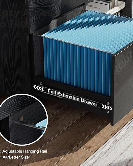 DUMOS Lateral File Cabinet with 3 Drawers Rolling Wooden Printer Stand Under Desk Storage Organizer with 4 Wheels Adjustable Shelf for Office Home, Black - LeafyLoom