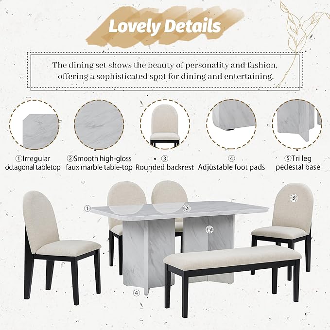 6-Piece Modern Style Dining Faux Marble Table and 4 Upholstered Chairs & 1 Bench, Restaurant Set for Kitchen, Home Bar, Diningroom, Living Room Furniture, Beige+White - LeafyLoom