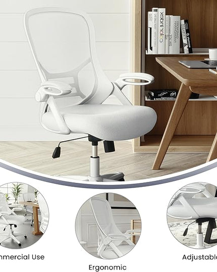Flash Furniture Porter High-Back Swivel Office Chair with Adjustable Lumbar Support and Seat Height, Ergonomic Mesh Desk Chair with Flip-Up Armrests, White - LeafyLoom