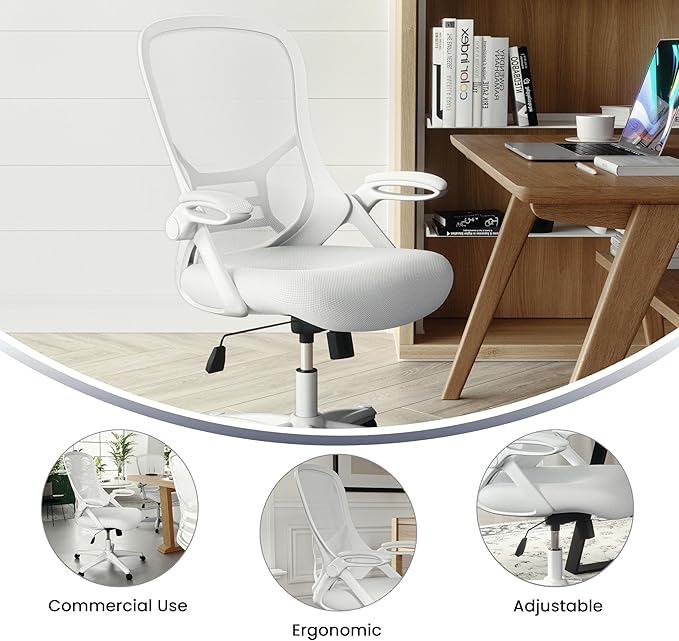 Flash Furniture Porter High-Back Swivel Office Chair with Adjustable Lumbar Support and Seat Height, Ergonomic Mesh Desk Chair with Flip-Up Armrests, White - LeafyLoom