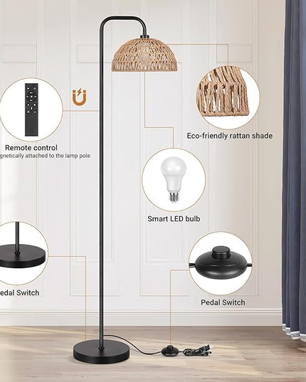 PARTPHONER Rattan Floor Lamp, 68'Standing Lamp for Living Room with 3 Color Temperatures Adjustable Tall Reading Lamp for Bedroom Office, Bulb Include - LeafyLoom
