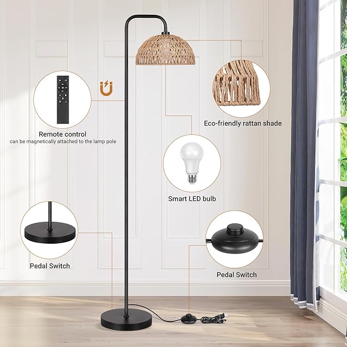 PARTPHONER Rattan Floor Lamp, 68'Standing Lamp for Living Room with 3 Color Temperatures Adjustable Tall Reading Lamp for Bedroom Office, Bulb Include - LeafyLoom
