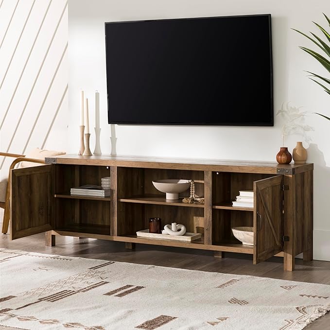 Walker Edison Georgetown Modern Farmhouse Double Barn Door TV Stand for TVs up to 80 Inches, 70 Inch, Rustic Oak, Without Fireplace, 15.75 x 70 x 24 inches - LeafyLoom