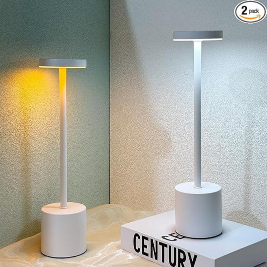 2 Pack Cordless Table Lamp Rechargeable 5000mAh Battery Operated Portable LED Desk Lamp 3 Color Temperature Stepless Dimming for Bedroom Restaurant Coffee Shop Party (White) - LeafyLoom