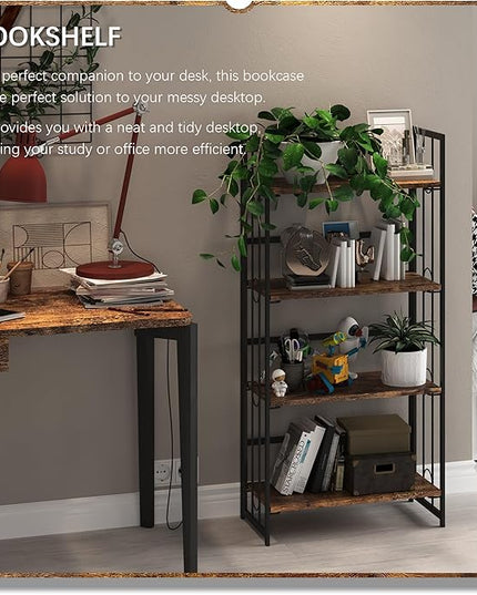 4NM No-Assembly 4 Tiers Folding Bookshelf Storage Shelves Vintage Bookcase Standing Racks Study Organizer Home Office - Rustic Brown and Black - LeafyLoom