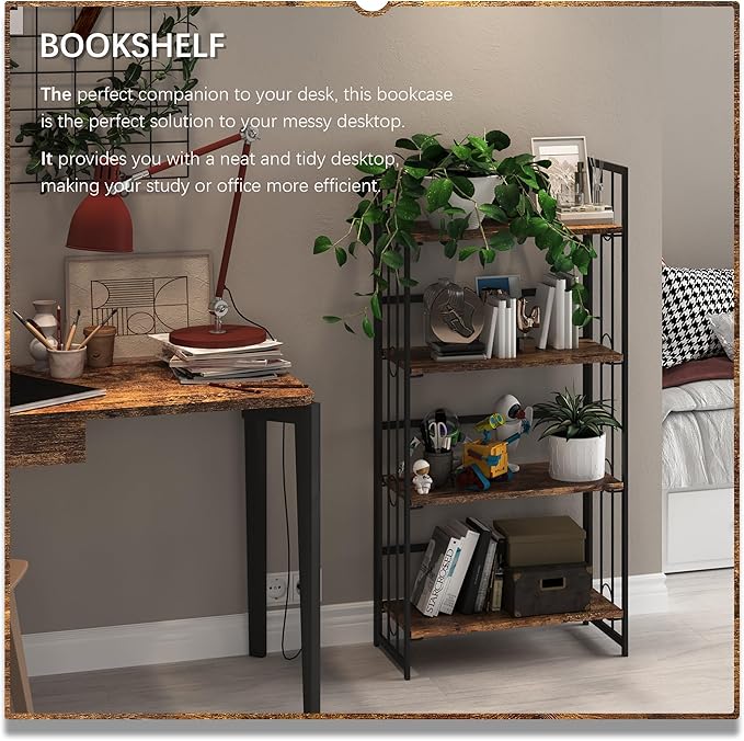 4NM No-Assembly 4 Tiers Folding Bookshelf Storage Shelves Vintage Bookcase Standing Racks Study Organizer Home Office - Rustic Brown and Black - LeafyLoom