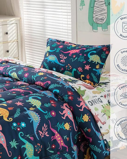 Dinosaur Twin Comforter Set for Boys Girls 4-Piece Dino Kids Bedding Sets Ultra Soft Cartoon Bedroom Set - Include Reversible Comforter, Flat Sheet, Fitted Sheet and Pillowcase, Blue - LeafyLoom