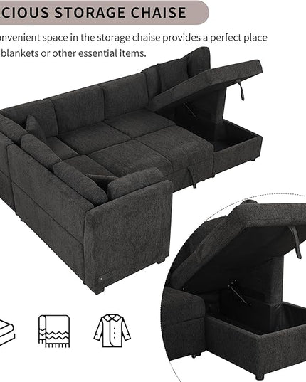 U Shaped Reversible Pull Out Sleeper Sectional Sofa Convertible Corner Couch Bed with Storage Chaise Lounge , 6 Seater Chenille Upholstered Sofa&Couch wth USB Ports, 2 Power Sockets for Living Room - LeafyLoom