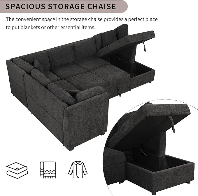 U Shaped Reversible Pull Out Sleeper Sectional Sofa Convertible Corner Couch Bed with Storage Chaise Lounge , 6 Seater Chenille Upholstered Sofa&Couch wth USB Ports, 2 Power Sockets for Living Room - LeafyLoom