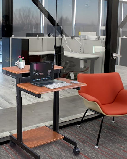 Stand Up Desk Store Rolling Adjustable Height Two Tier Standing Desk Computer Workstation (Black Frame/Teak Top, 24" Wide) - LeafyLoom