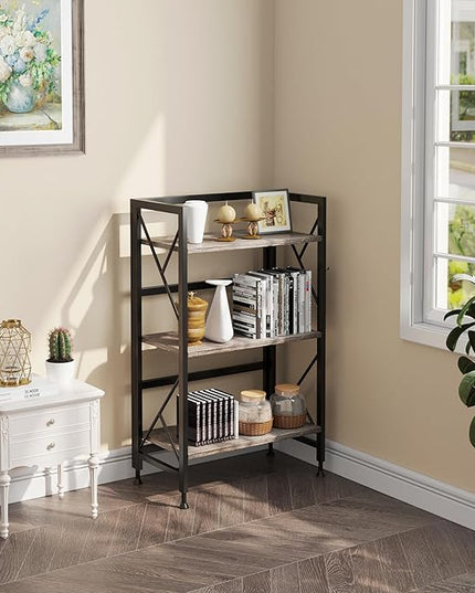 Folding Bookshelf 3 Tier No Assembly Bookcase Industrial Storage Shelves Plant Flower Stand Storage Rack for Home Office Oak - LeafyLoom