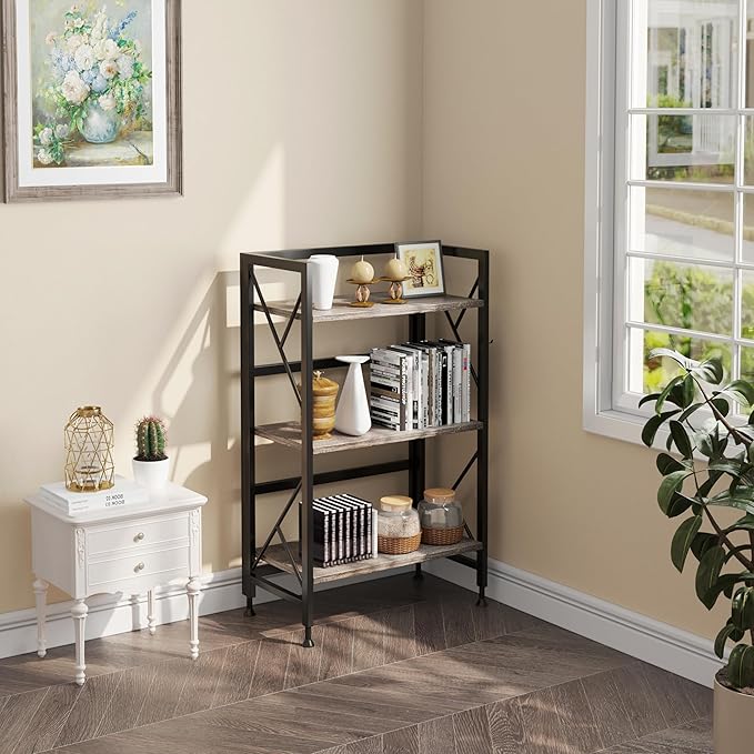 Folding Bookshelf 3 Tier No Assembly Bookcase Industrial Storage Shelves Plant Flower Stand Storage Rack for Home Office Oak - LeafyLoom