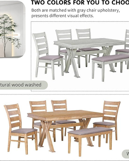 Retro 59" L Rectangular Unique Legs and 4 Upholstered Chairs & 1 Bench, Rubber Wood, Easy Assembly, for Kitchen, Room, 6 Piece Dining Table Set, White 28 - LeafyLoom