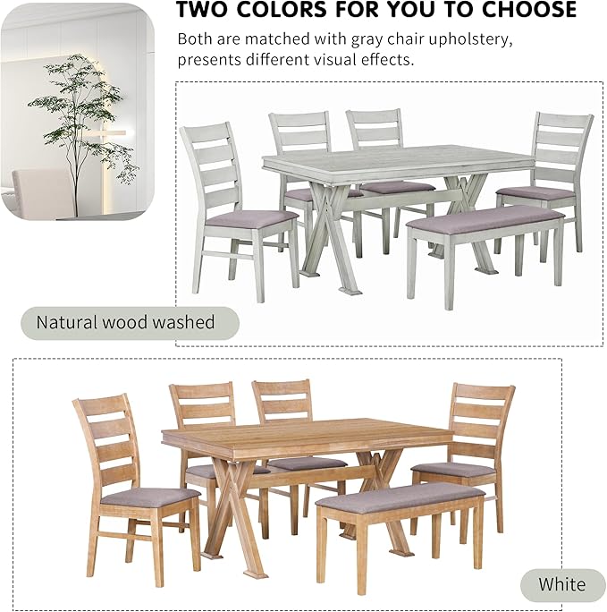 Retro 59" L Rectangular Unique Legs and 4 Upholstered Chairs & 1 Bench, Rubber Wood, Easy Assembly, for Kitchen, Room, 6 Piece Dining Table Set, White 28 - LeafyLoom