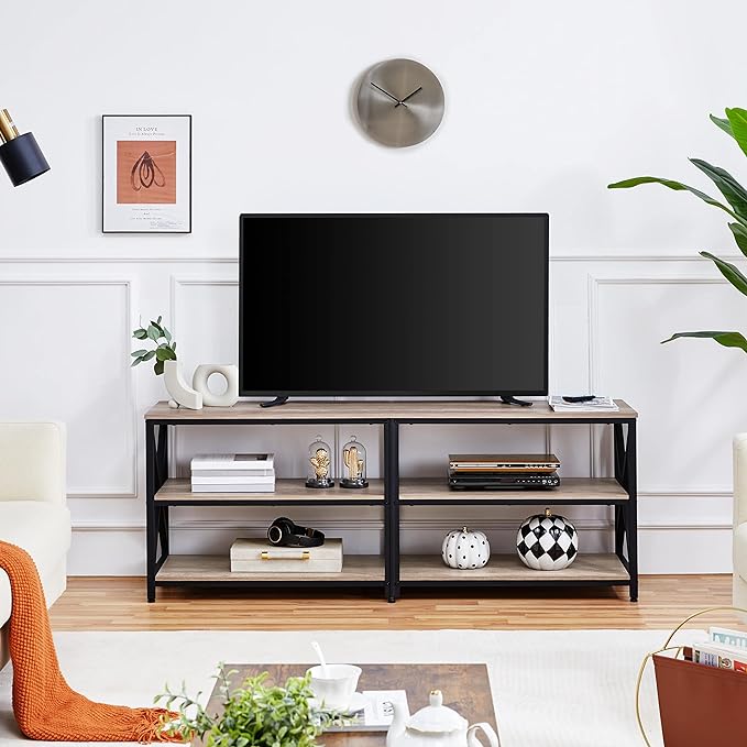 Yaheetech TV Stand for 70 Inch TVs, Industrial Media Entertainment Center with 3-Tier Storage Shelves, 63" TV Console with Metal Frame for Living Room, Gray - LeafyLoom