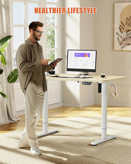 Electric Standing Desk Adjustable Height Stand Up Desk, 48" x 24" Sit Stand Desk, Low Noise Home Office Desk, Computer Desk with Whole-Piece Board, Child Lock & Memory Function, Maple - LeafyLoom