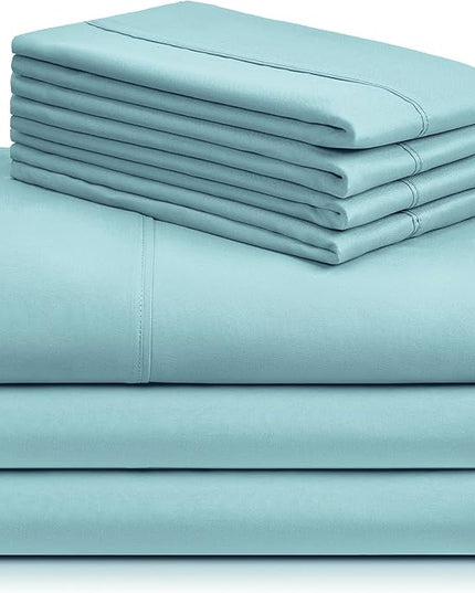 LuxClub 7 PC Split King Sheet Set, Breathable Luxury Bed Sheets, Deep Pockets 18" Eco Friendly Wrinkle Free Cooling Sheets Machine Washable Hotel Bedding Silky Soft - Aqua Split King - LeafyLoom