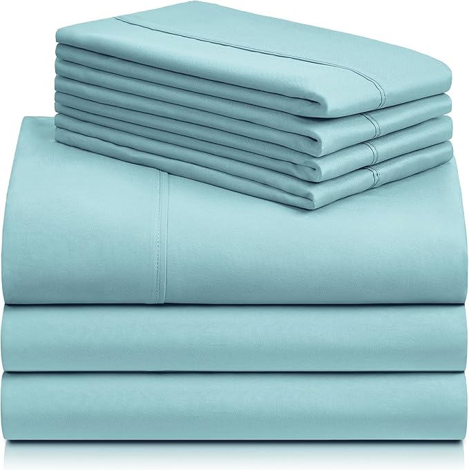 LuxClub 7 PC Split King Sheet Set, Breathable Luxury Bed Sheets, Deep Pockets 18" Eco Friendly Wrinkle Free Cooling Sheets Machine Washable Hotel Bedding Silky Soft - Aqua Split King - LeafyLoom