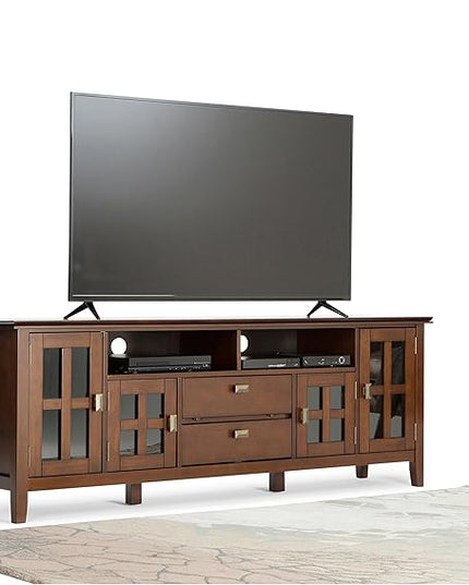 SIMPLIHOME Artisan SOLID WOOD Universal TV Media Stand, 72 inch Wide, Contemporary, Living Room Entertainment Center, Storage Cabinet, for Flat Screen TVs up to 80 inches in Russet Brown - LeafyLoom