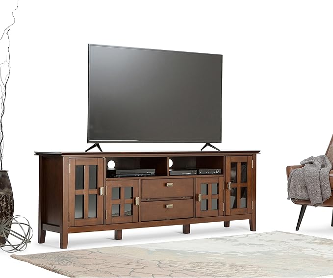 SIMPLIHOME Artisan SOLID WOOD Universal TV Media Stand, 72 inch Wide, Contemporary, Living Room Entertainment Center, Storage Cabinet, for Flat Screen TVs up to 80 inches in Russet Brown - LeafyLoom