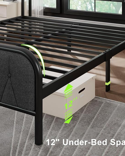 Feonase Queen Bed Frame with Type-C & USB Port, Metal Platform Beds, with Linen Upholstered Headboard & Footboard, 12" Underbed Storage Space, Easy Assembly, Noise-Free, Black Gray - LeafyLoom