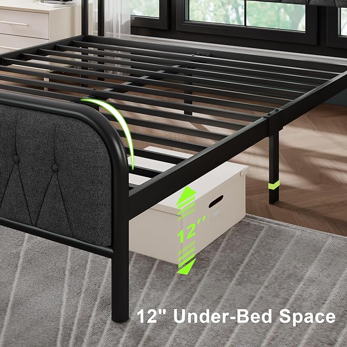 Feonase Queen Bed Frame with Type-C & USB Port, Metal Platform Beds, with Linen Upholstered Headboard & Footboard, 12" Underbed Storage Space, Easy Assembly, Noise-Free, Black Gray - LeafyLoom