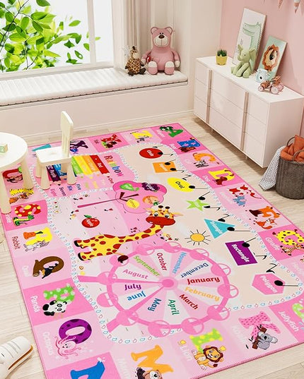 Pink Playroom Rug 4x6,Rugs for Girls Kids Bedroom Nursery Rug,ABC Rug with Alphabets Animals Shapes,Educational and Fun Child Playmat Baby Care Rug,Learning Rug Carpets for Children Toddler - LeafyLoom