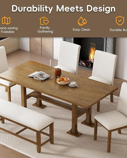 76Inch Dining Table Set for 6, Extendable Dining Table with 18inch Removable Leaf and Upholstered Dining Chair and Bench for Dining Room, Dark Brown - LeafyLoom