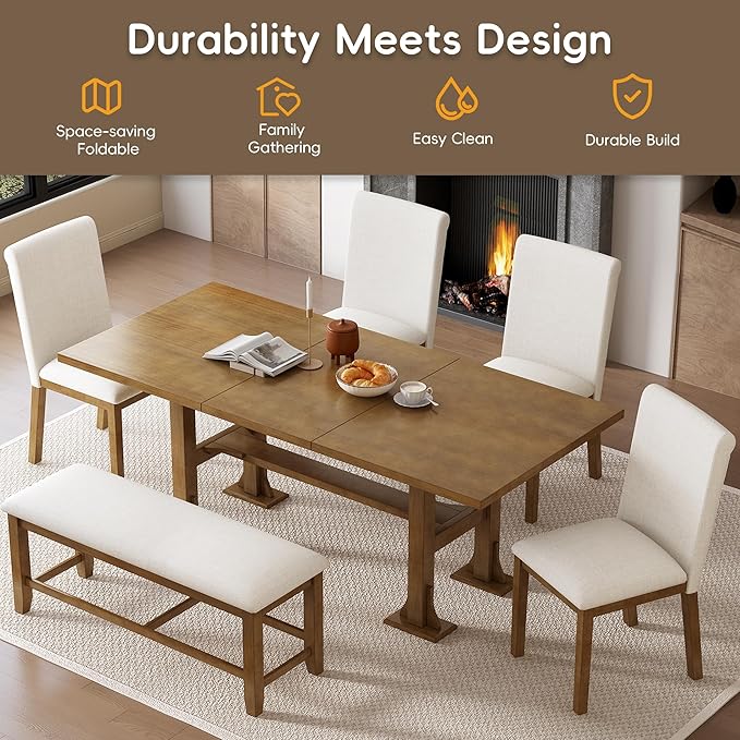 76Inch Dining Table Set for 6, Extendable Dining Table with 18inch Removable Leaf and Upholstered Dining Chair and Bench for Dining Room, Dark Brown - LeafyLoom