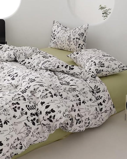 Black Botanical Comforter Set Queen White Black Floral Plant Bedding Comforter Set Girls Garden Pattern Printed on White Blanket Rustic Leaf Blossom Women White Farmhouse Comforter Queen - LeafyLoom