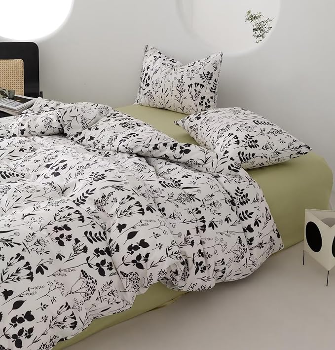 Black Botanical Comforter Set Queen White Black Floral Plant Bedding Comforter Set Girls Garden Pattern Printed on White Blanket Rustic Leaf Blossom Women White Farmhouse Comforter Queen - LeafyLoom