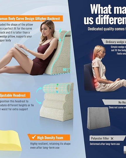 Reading Pillows for Sitting in Bed Adult Back Pillow for Bed Sitting Up, Back Support Pillow for Bed with Adjustable Roller, Foam Wedge Pillow for Neck, Lumbar, Back, Beige, 20 * 12 * 26IN - LeafyLoom