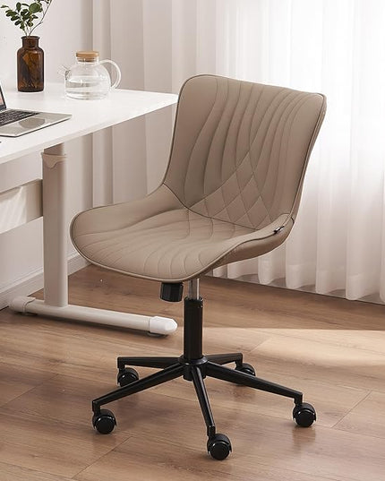 YOUTASTE Office Chair Armless Desk Chair Small Computer Swivel Rolling Chair with Wheels, Modern Upholstered PU Leather Task Chair, Adjustable Home Office Desk Chairs for Computer, Khaki - LeafyLoom