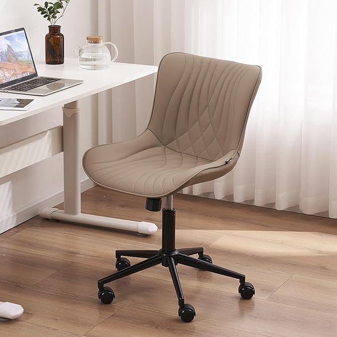 YOUTASTE Office Chair Armless Desk Chair Small Computer Swivel Rolling Chair with Wheels, Modern Upholstered PU Leather Task Chair, Adjustable Home Office Desk Chairs for Computer, Khaki - LeafyLoom
