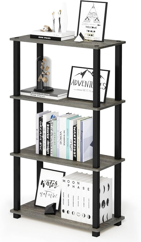 Furinno Turn-N-Tube 4-Tier Multipurpose Shelf Display Rack, Square Tube, French Oak Grey/Black - LeafyLoom