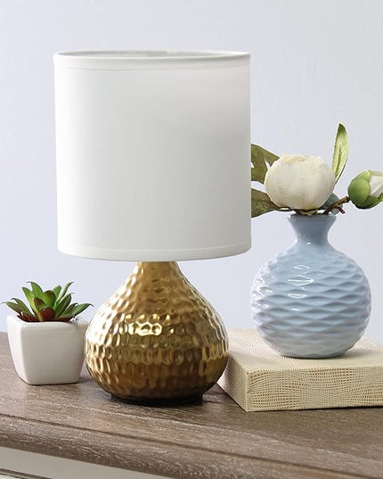 Simple Designs LT2073-GDW Mini Hammered Texture Gold Drip Table Lamp with White Shade & Sylvania LED TruWave Natural Series Décor B10 Chandelier Light Bulb, 40W Equivalent Efficient 4W - LeafyLoom