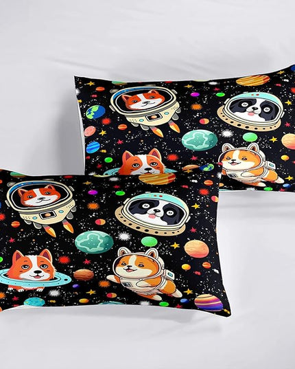 Dog Full Comforter Set for Boys Outer Space Dog Bedding Set Cute Cartoon Dog Astronaut Prints Bedding Kids Comforter Sets 3 Pieces Funny Space Dog Full Size Quilt Set with 2 Pillowcases - LeafyLoom