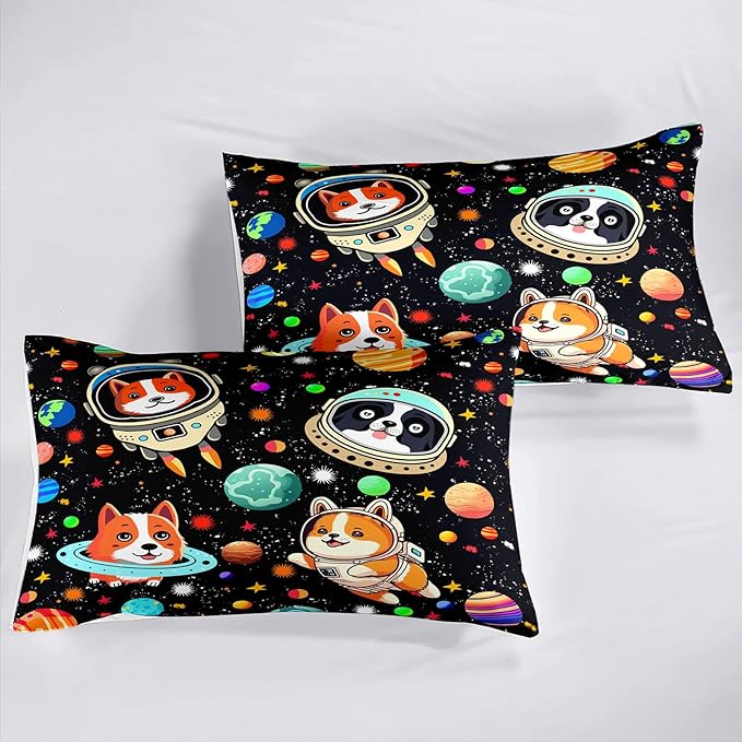Dog Full Comforter Set for Boys Outer Space Dog Bedding Set Cute Cartoon Dog Astronaut Prints Bedding Kids Comforter Sets 3 Pieces Funny Space Dog Full Size Quilt Set with 2 Pillowcases - LeafyLoom