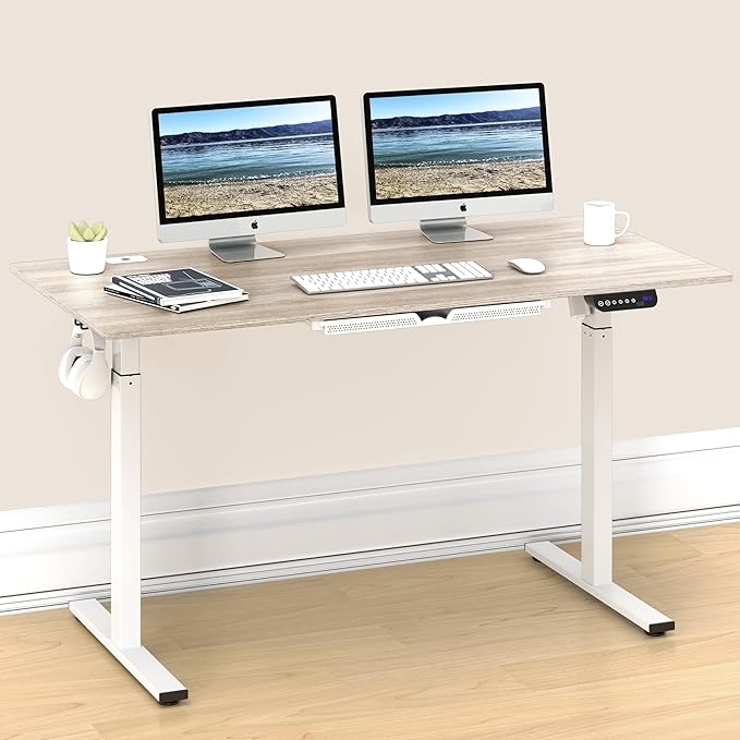 SHW 55-Inch Large Electric Height Adjustable Standing Desk, 55 x 28 Inches, Maple - LeafyLoom