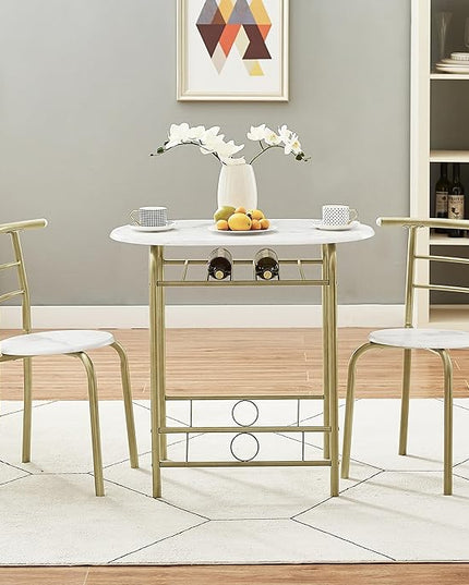 VECELO 3-Piece Dining Table Set for Kitchen Breakfast Nook, Wood Grain Oval Tabletop and Metal Frame with Built-in Wine Rack, for Small Spaces, 31.5", White & Gold - LeafyLoom